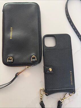 Bandolier Black Leather IPhone 14 Plus case and matching zippered pouch